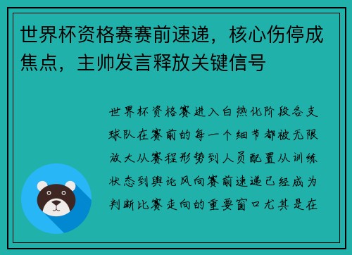 世界杯资格赛赛前速递，核心伤停成焦点，主帅发言释放关键信号